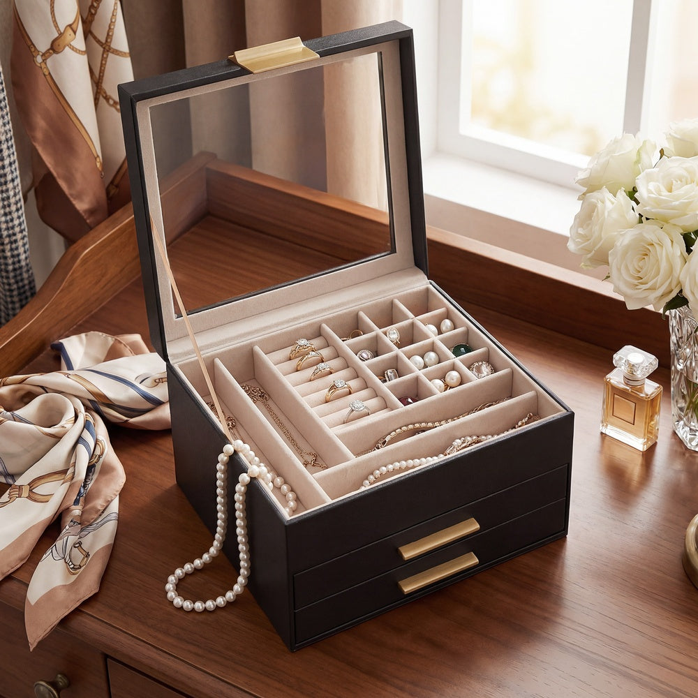 Jewellery Box - MDF and PU - Black - with Glass Lid