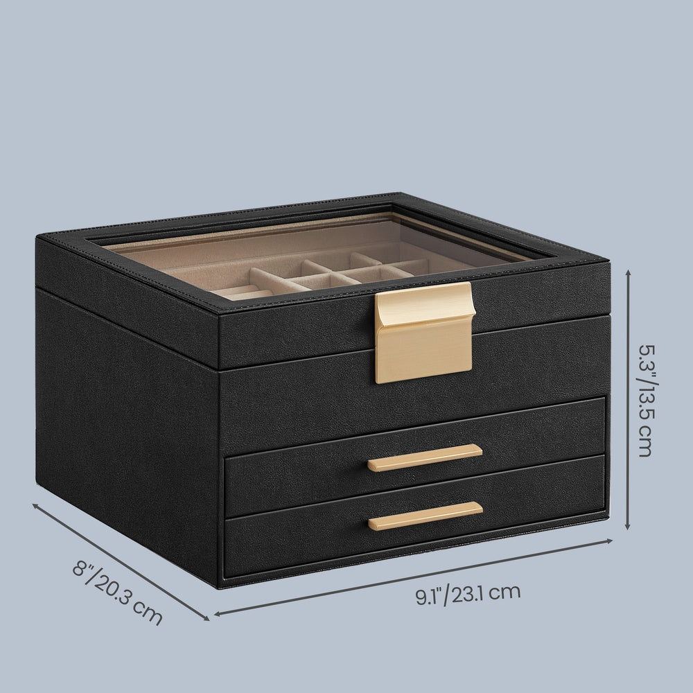 Jewellery Box - MDF and PU - Black - with Glass Lid