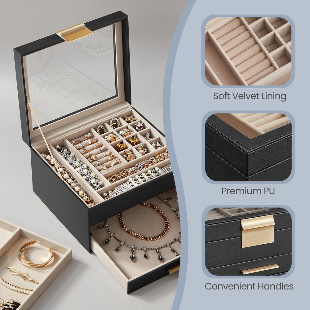 Jewellery Box - MDF and PU - Black - with Glass Lid