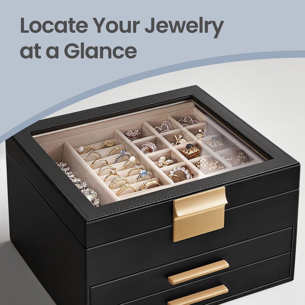 Jewellery Box - MDF and PU - Black - with Glass Lid