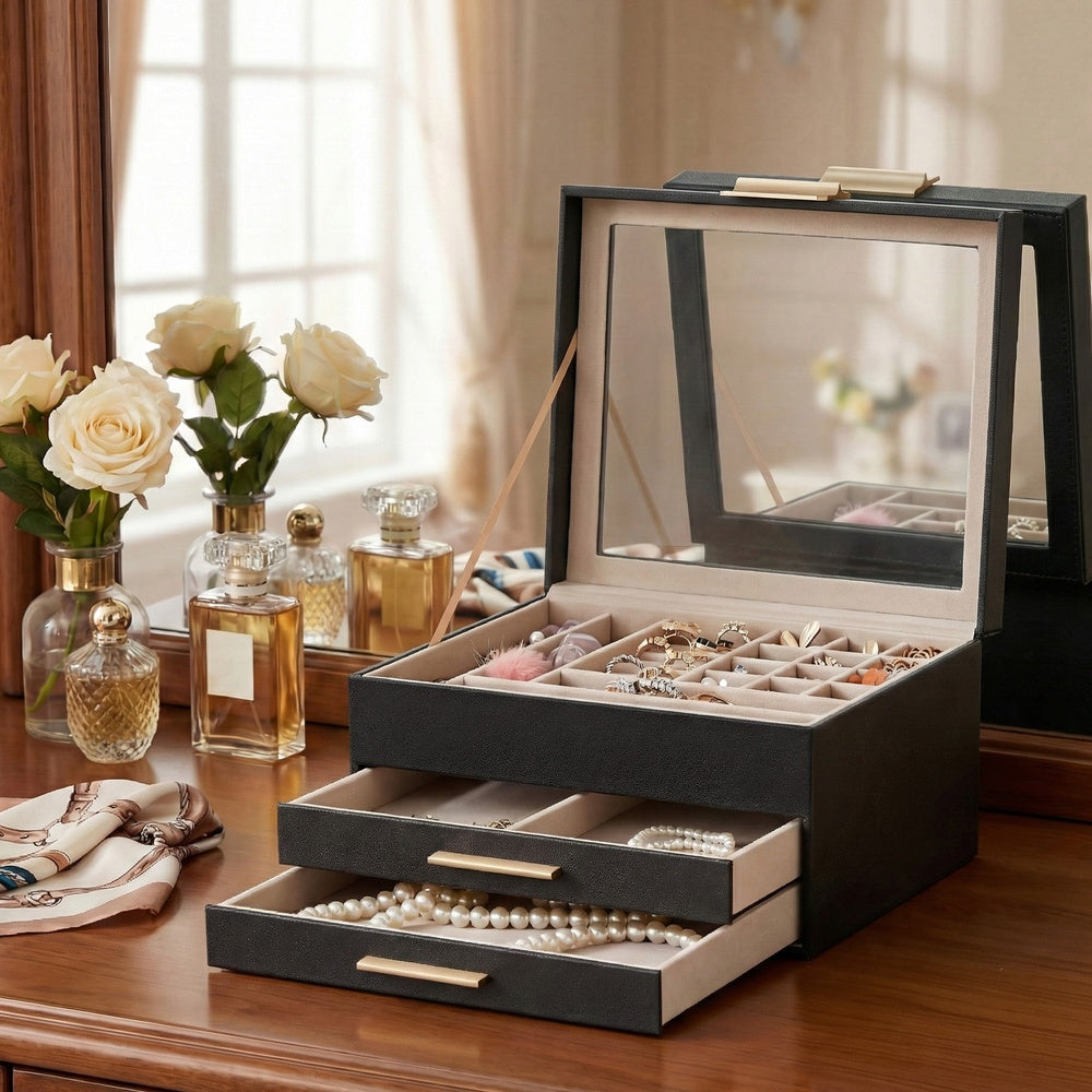 Jewellery Box - MDF and PU - Black - with Glass Lid