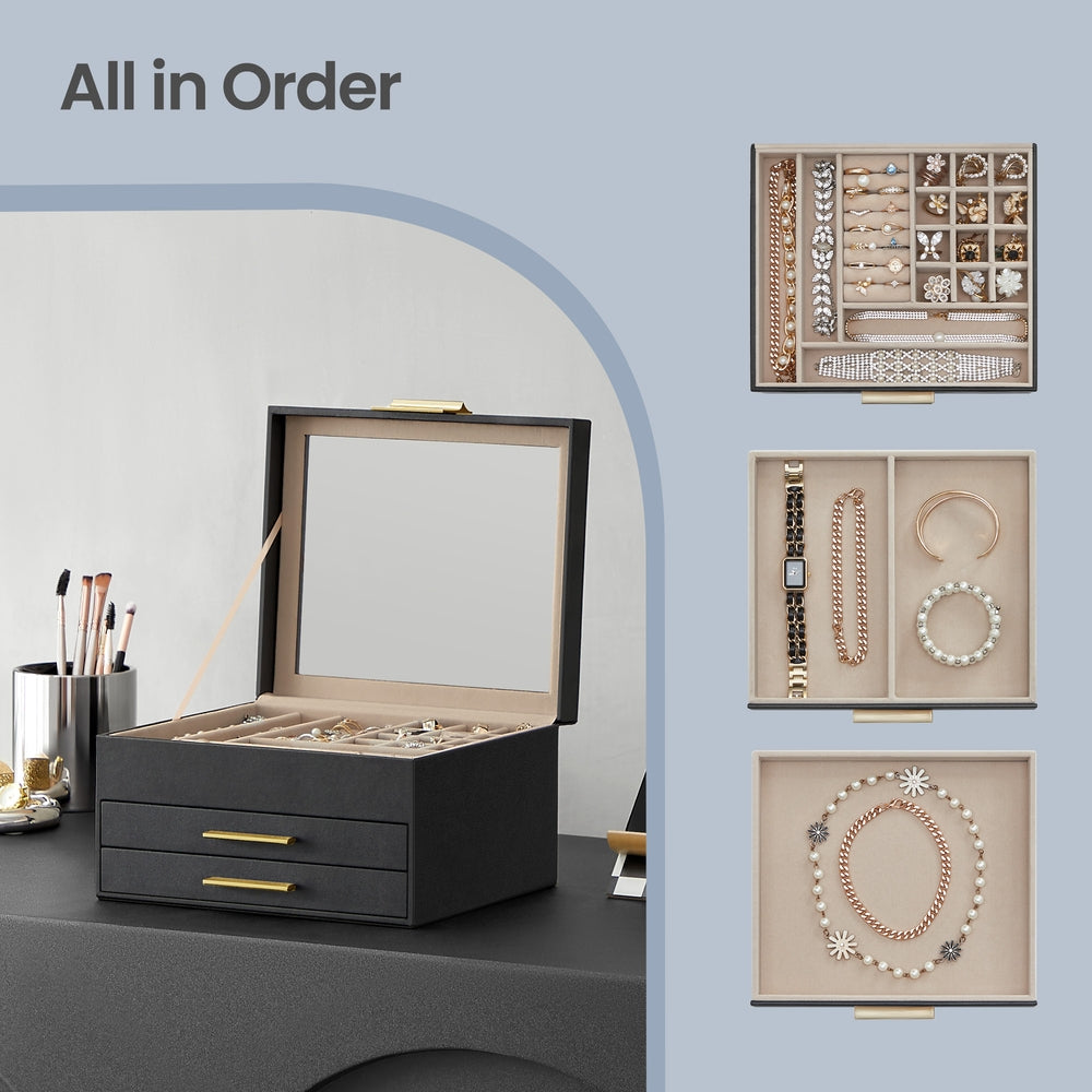 Jewellery Box - MDF and PU - Black - with Glass Lid