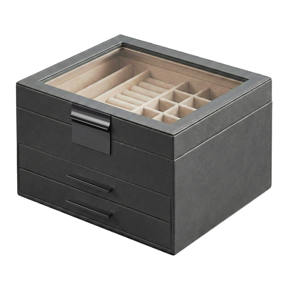 Jewellery Box - MDF and PU - Grey - with Glass Lid