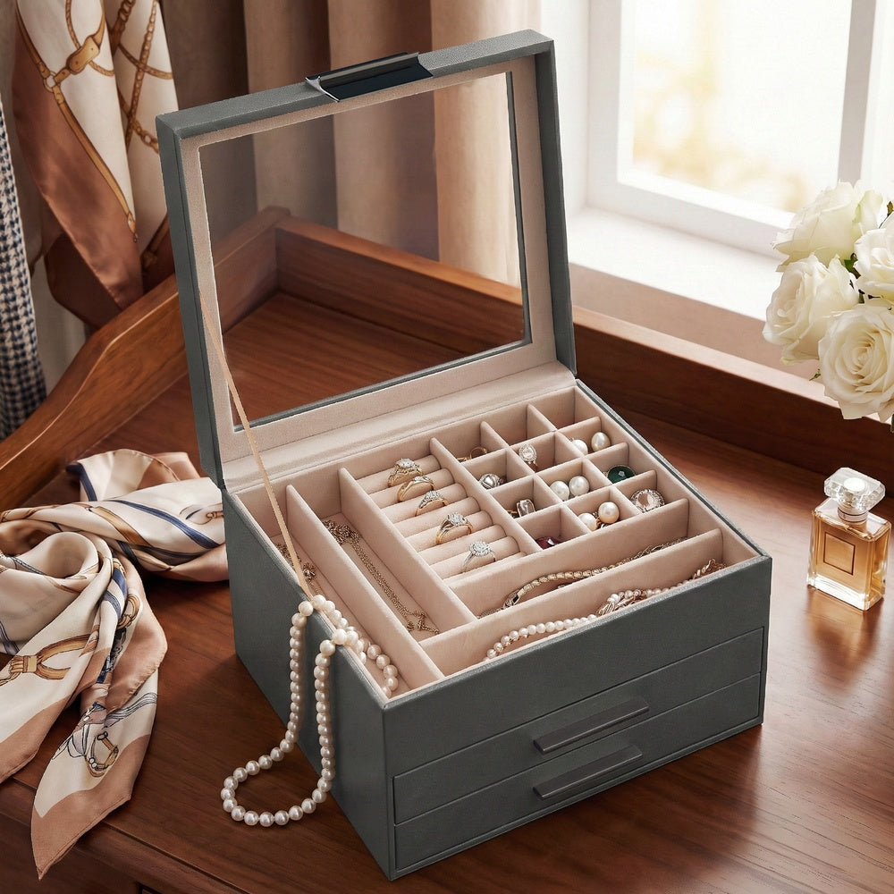 Jewellery Box - MDF and PU - Grey - with Glass Lid