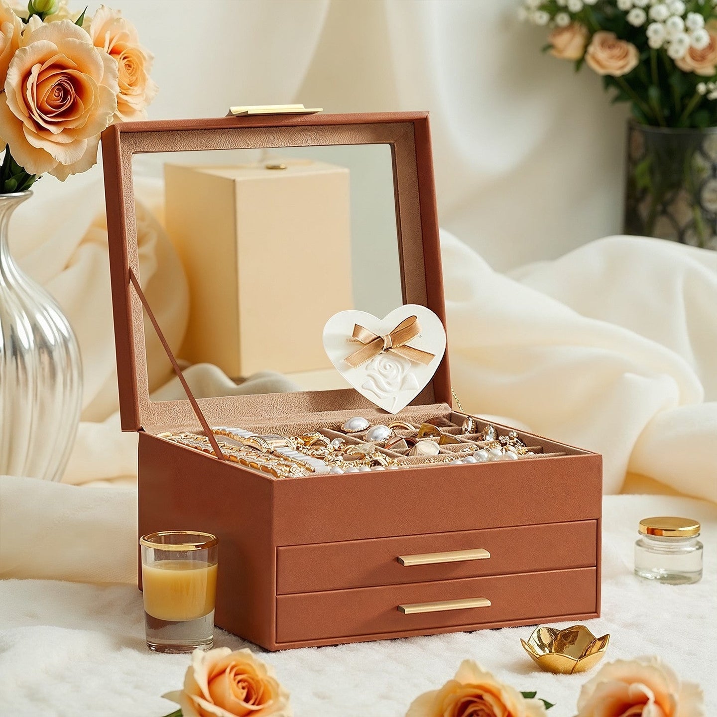 Jewelry Box - Glass - Cloud White and Gold - 3-Layer Organizer with 2 Drawers