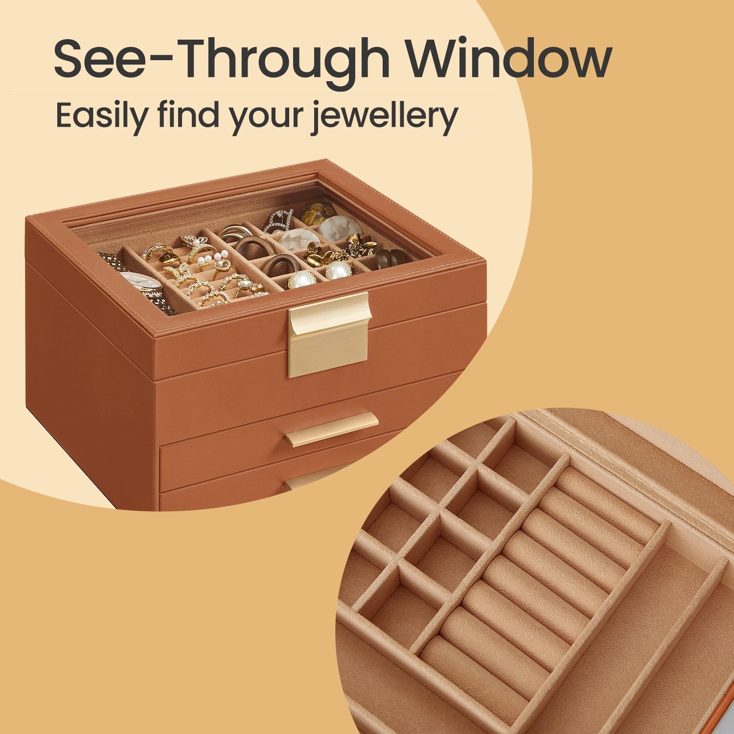 Jewelry Box - Glass - Cloud White and Gold - 3-Layer Organizer with 2 Drawers