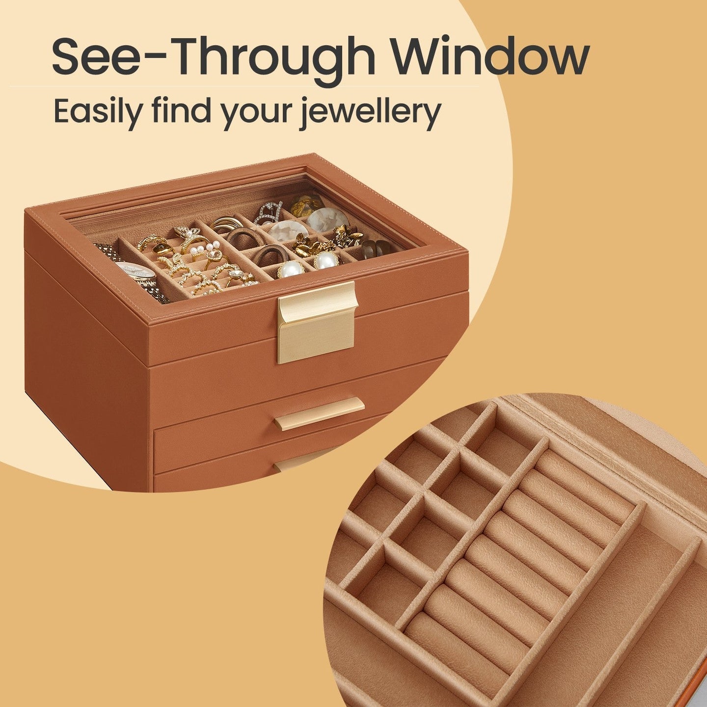 Jewelry Box - Glass - Cloud White and Gold - 3-Layer Organizer with 2 Drawers