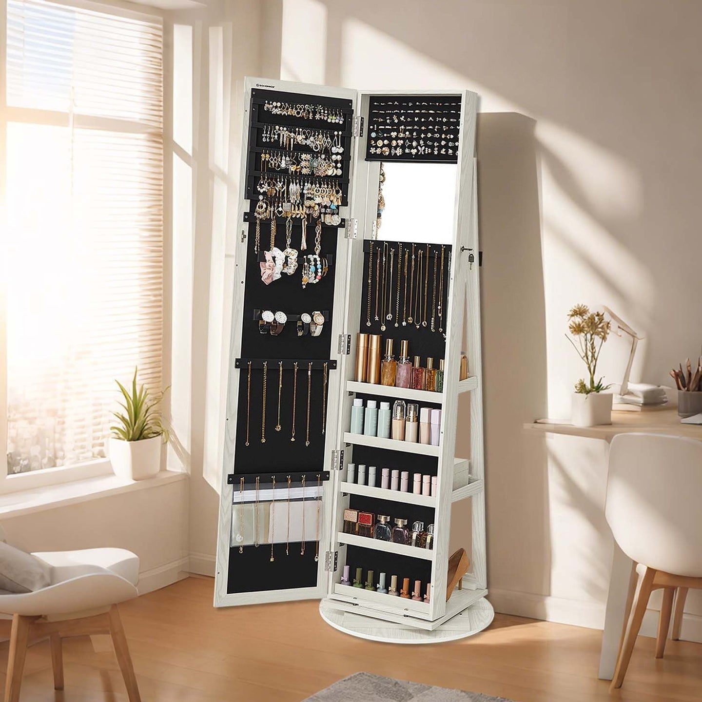 Jewellery Cabinet - Wood - White with Greyish Wood Grain