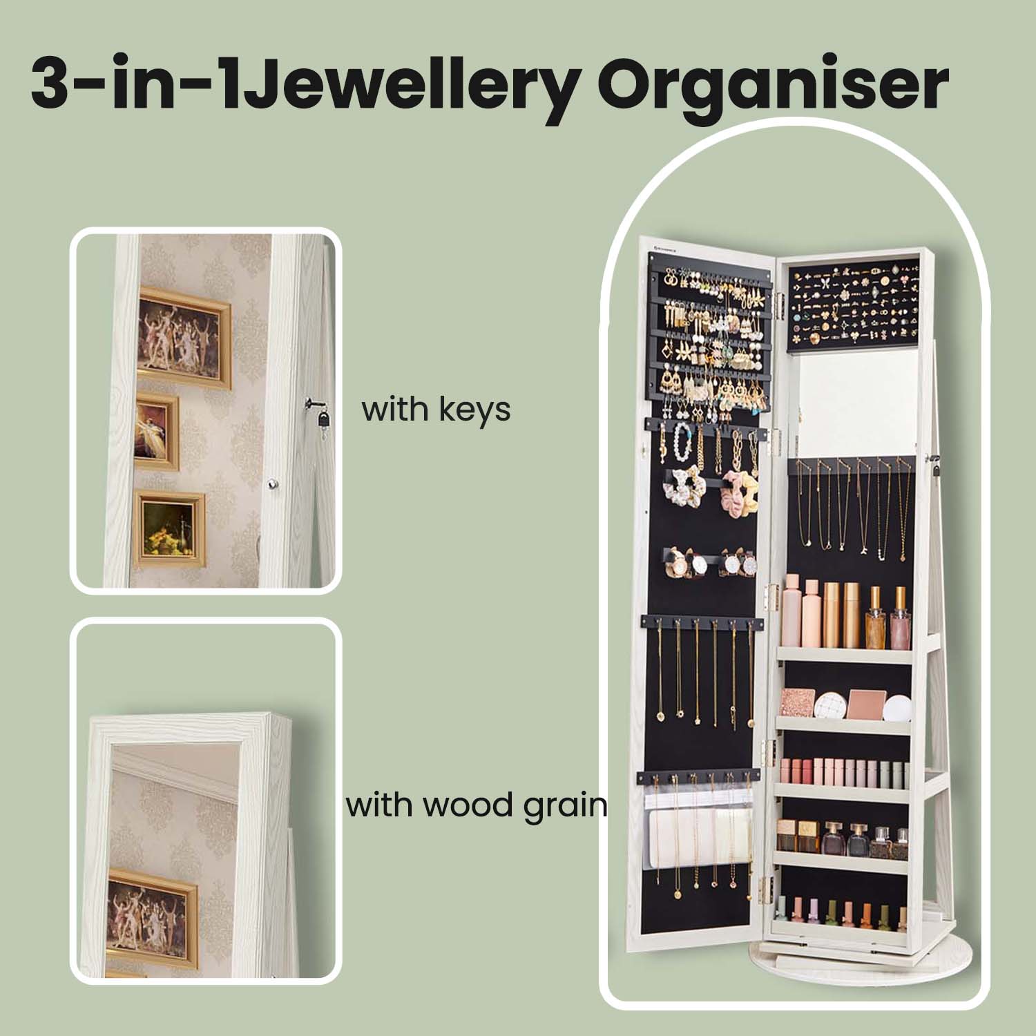 Jewellery Cabinet - Wood - White with Greyish Wood Grain
