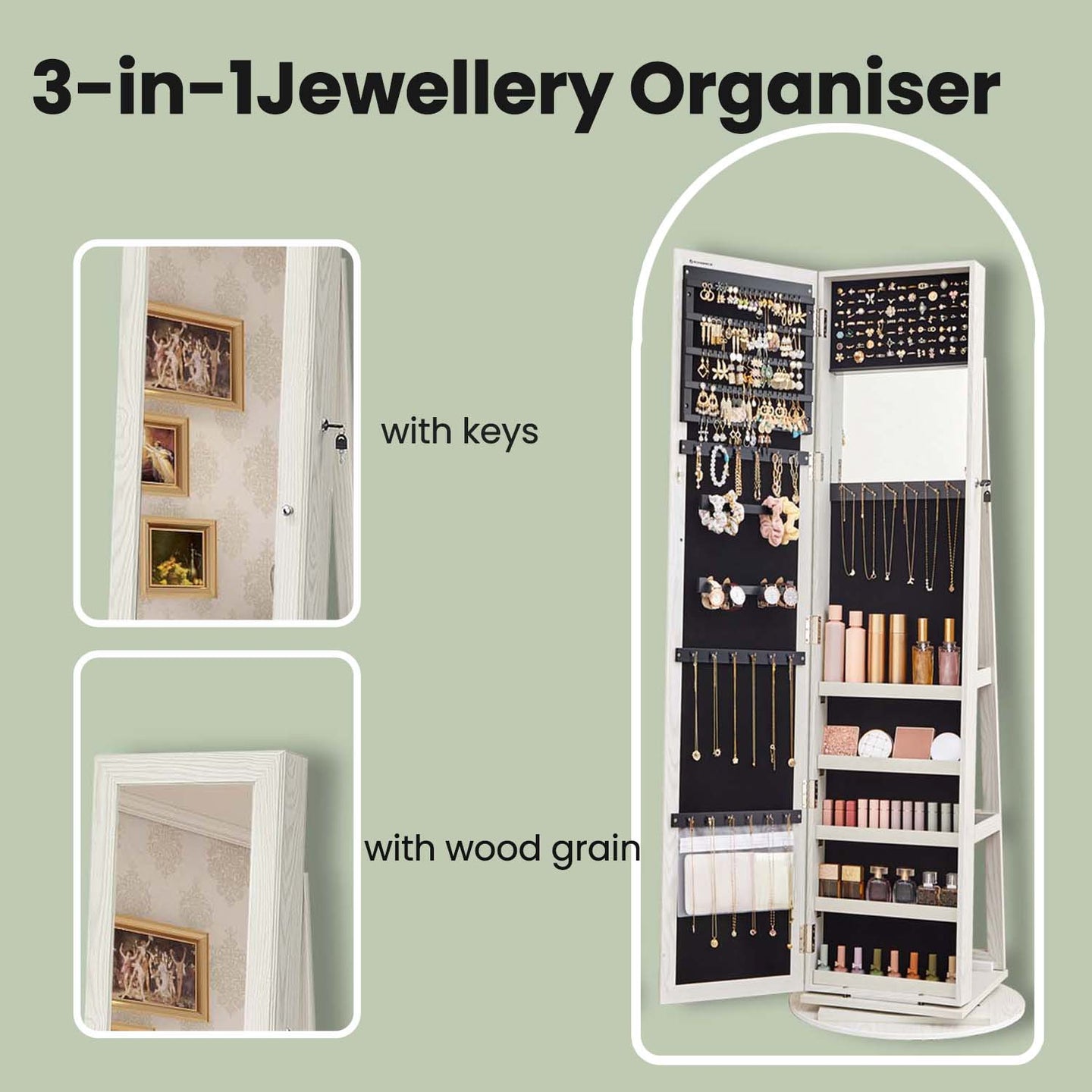 Jewellery Cabinet - Wood - White with Greyish Wood Grain