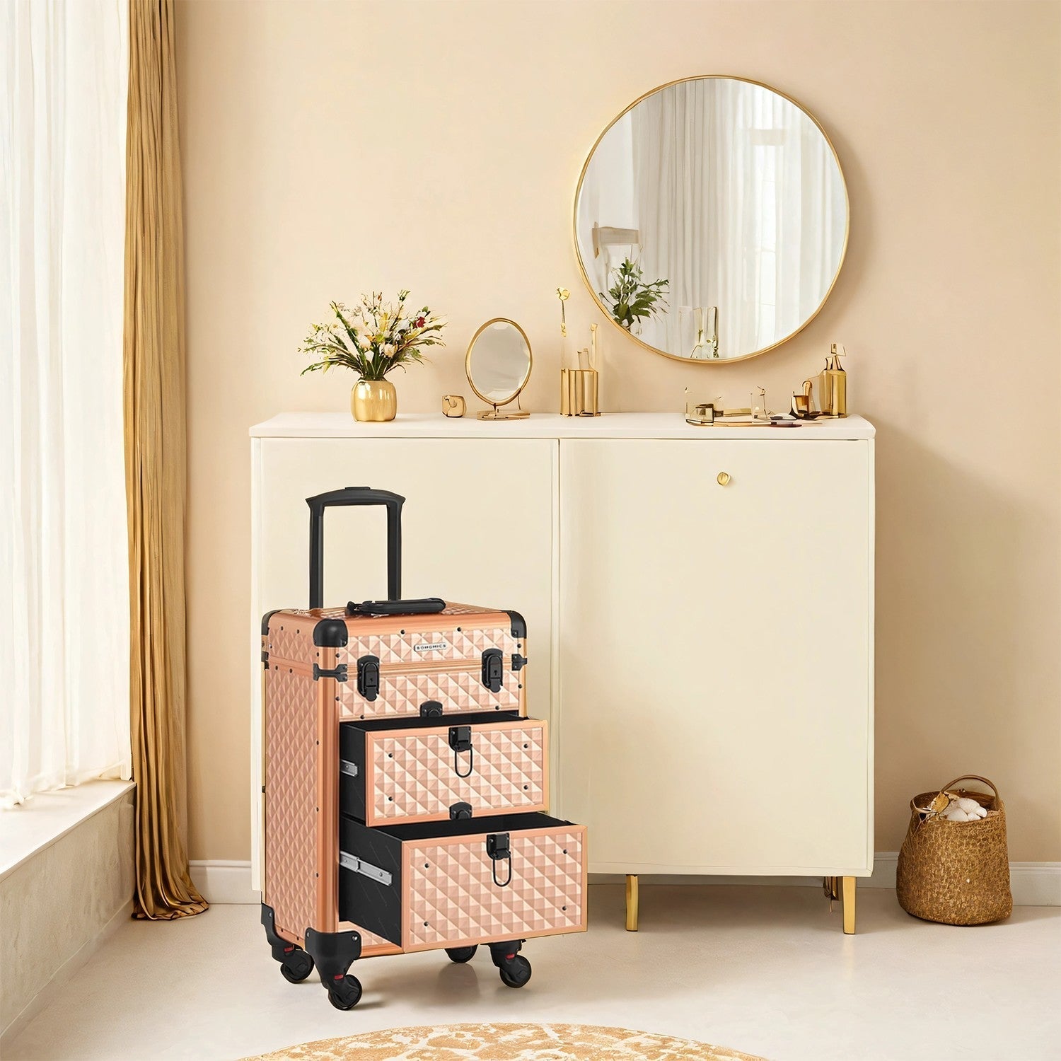 Makeup Trolley - Wood - Black - Professional Case with 2 Drawers and 4 Removable Wheels