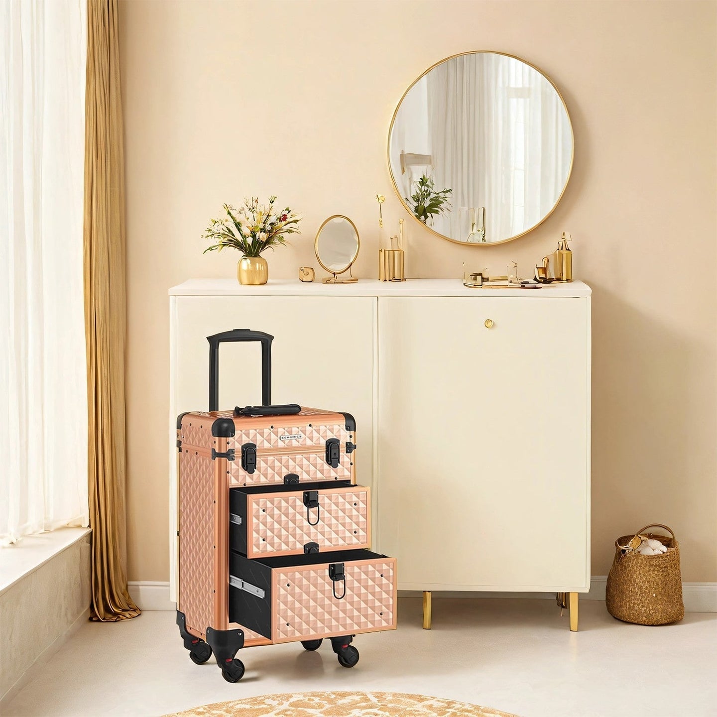 Makeup Trolley - Wood - Black - Professional Case with 2 Drawers and 4 Removable Wheels
