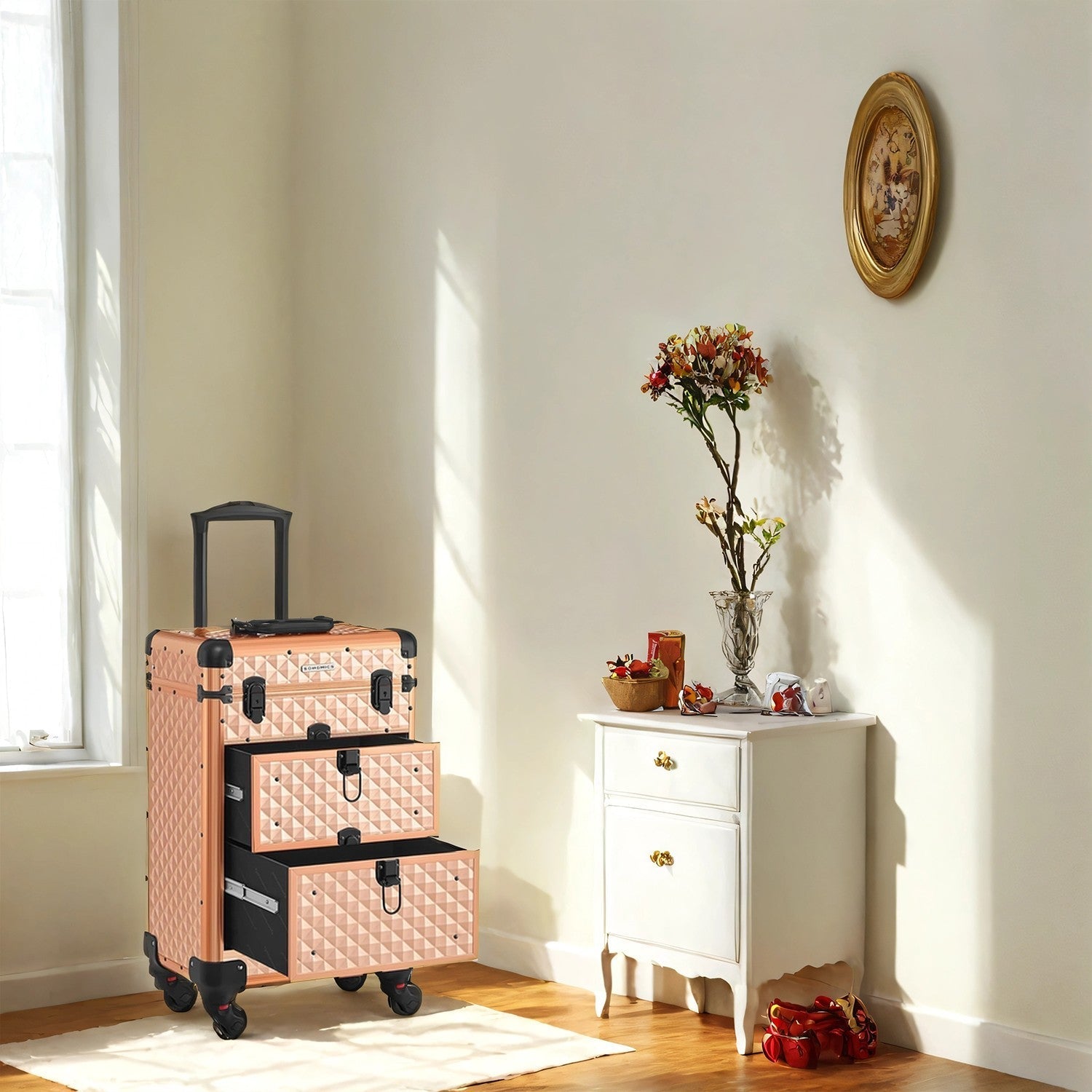 Makeup Trolley - Wood - Black - Professional Case with 2 Drawers and 4 Removable Wheels