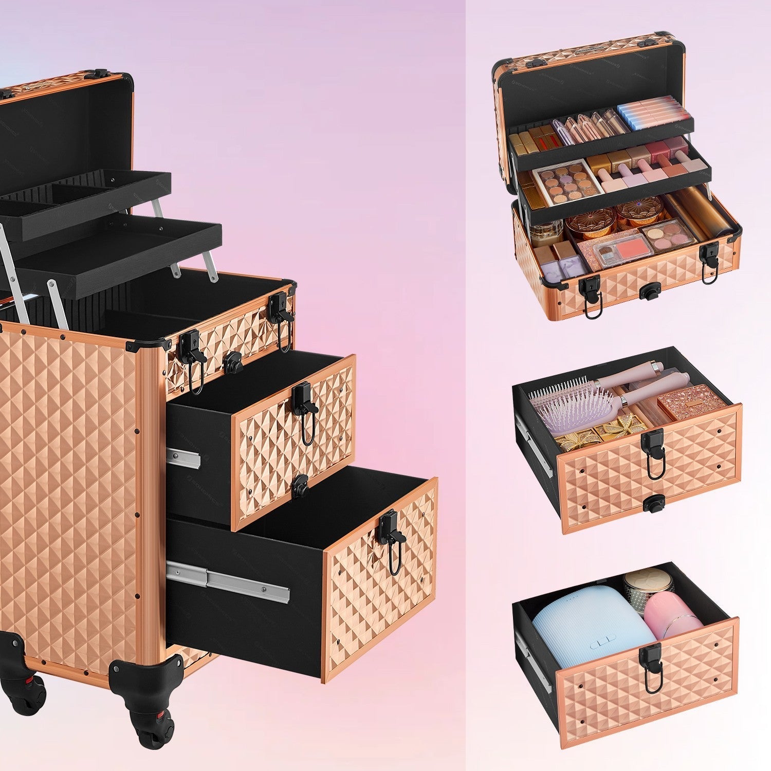 Makeup Trolley - Wood - Black - Professional Case with 2 Drawers and 4 Removable Wheels