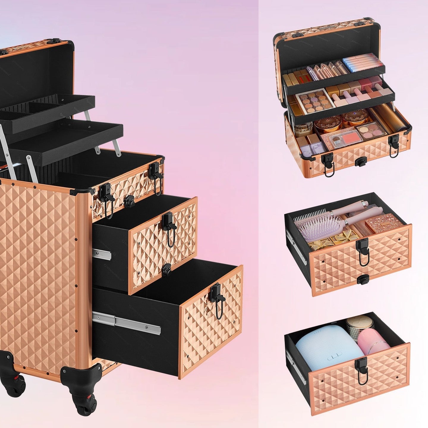 Makeup Trolley - Wood - Black - Professional Case with 2 Drawers and 4 Removable Wheels