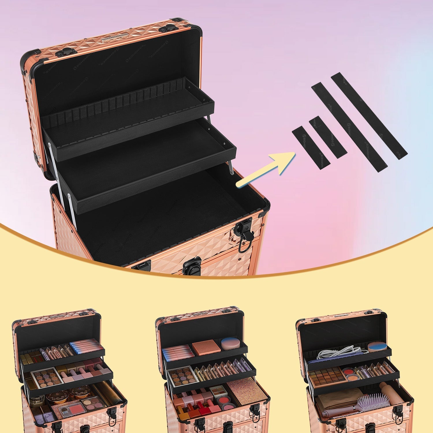 Makeup Trolley - Wood - Black - Professional Case with 2 Drawers and 4 Removable Wheels