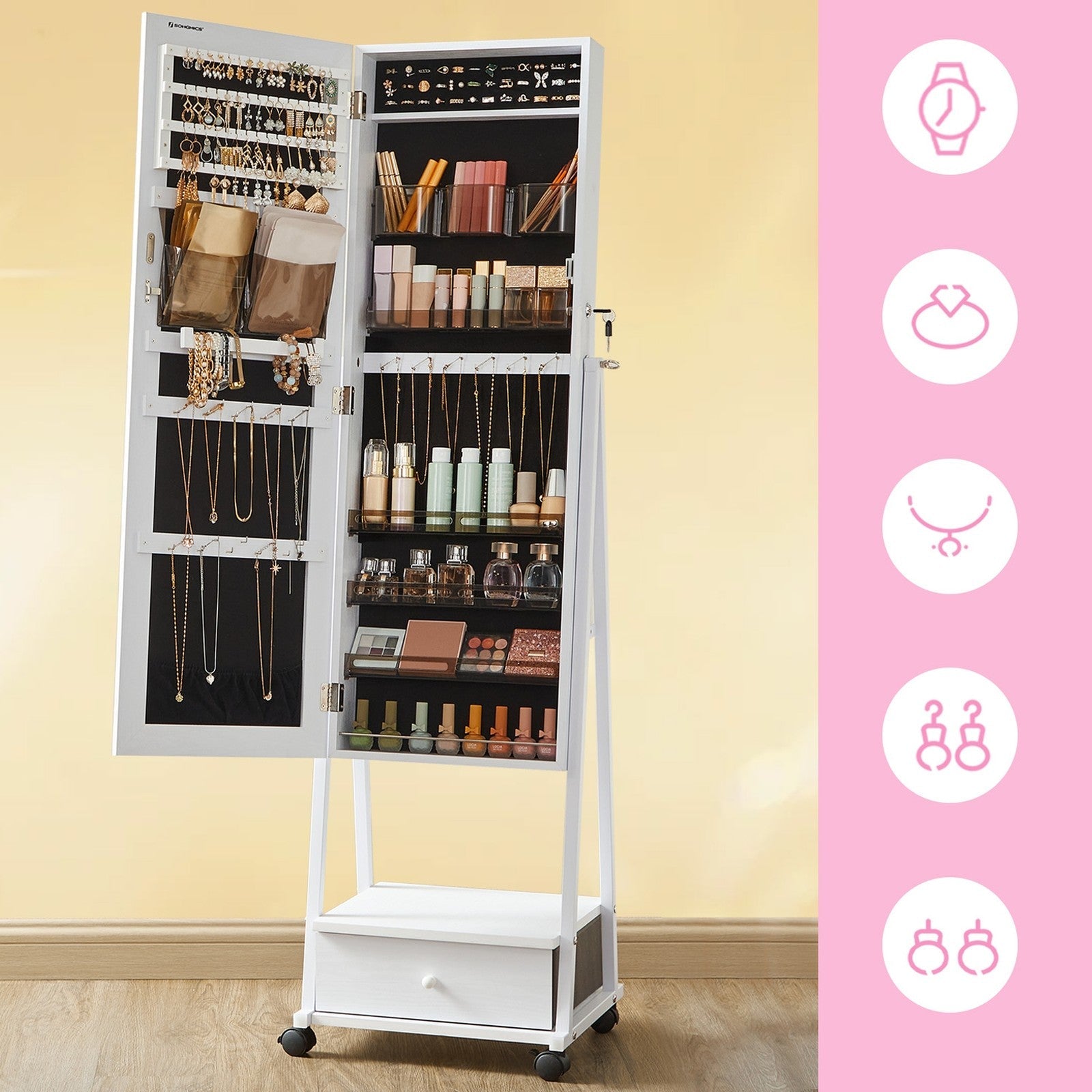 Floor Standing Jewellery Cabinet - 30L - MDF - Lockable Organizer