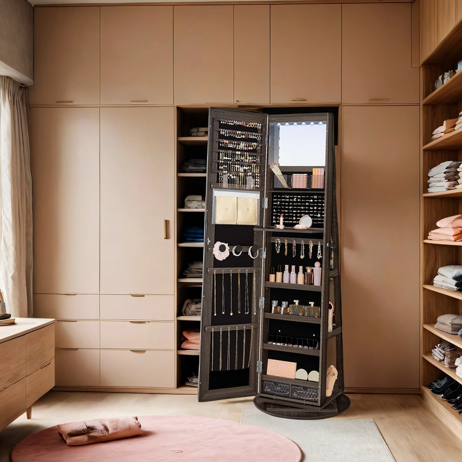 Jewellery Cabinet - Wood - Ash Brown and Black - 360° Rotating with Lockable Storage and Full-Length Mirror