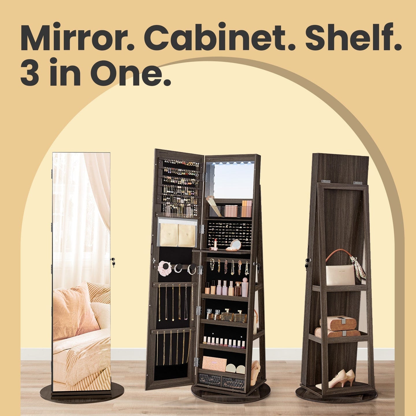 Jewellery Cabinet - Wood - Ash Brown and Black - 360° Rotating with Lockable Storage and Full-Length Mirror