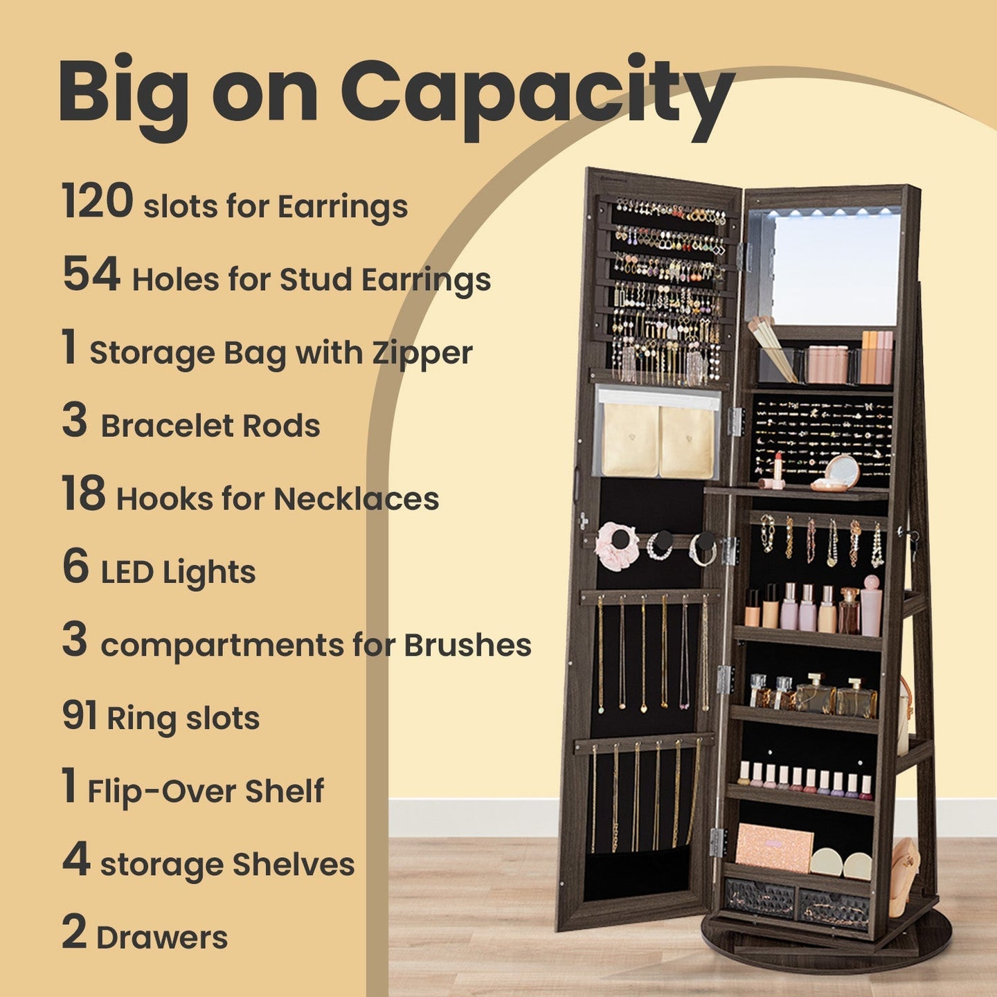 Jewellery Cabinet - Wood - Ash Brown and Black - 360° Rotating with Lockable Storage and Full-Length Mirror