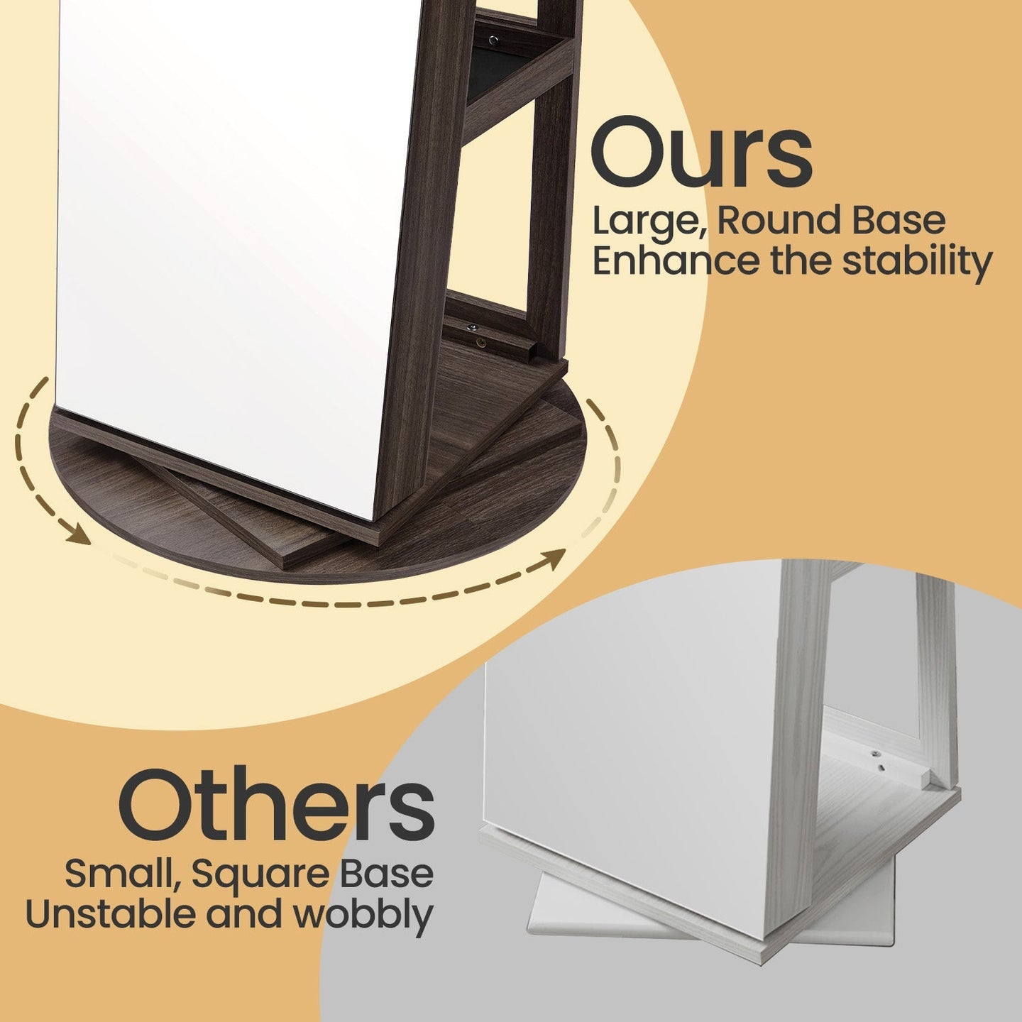 Jewellery Cabinet - Wood - Ash Brown and Black - 360° Rotating with Lockable Storage and Full-Length Mirror