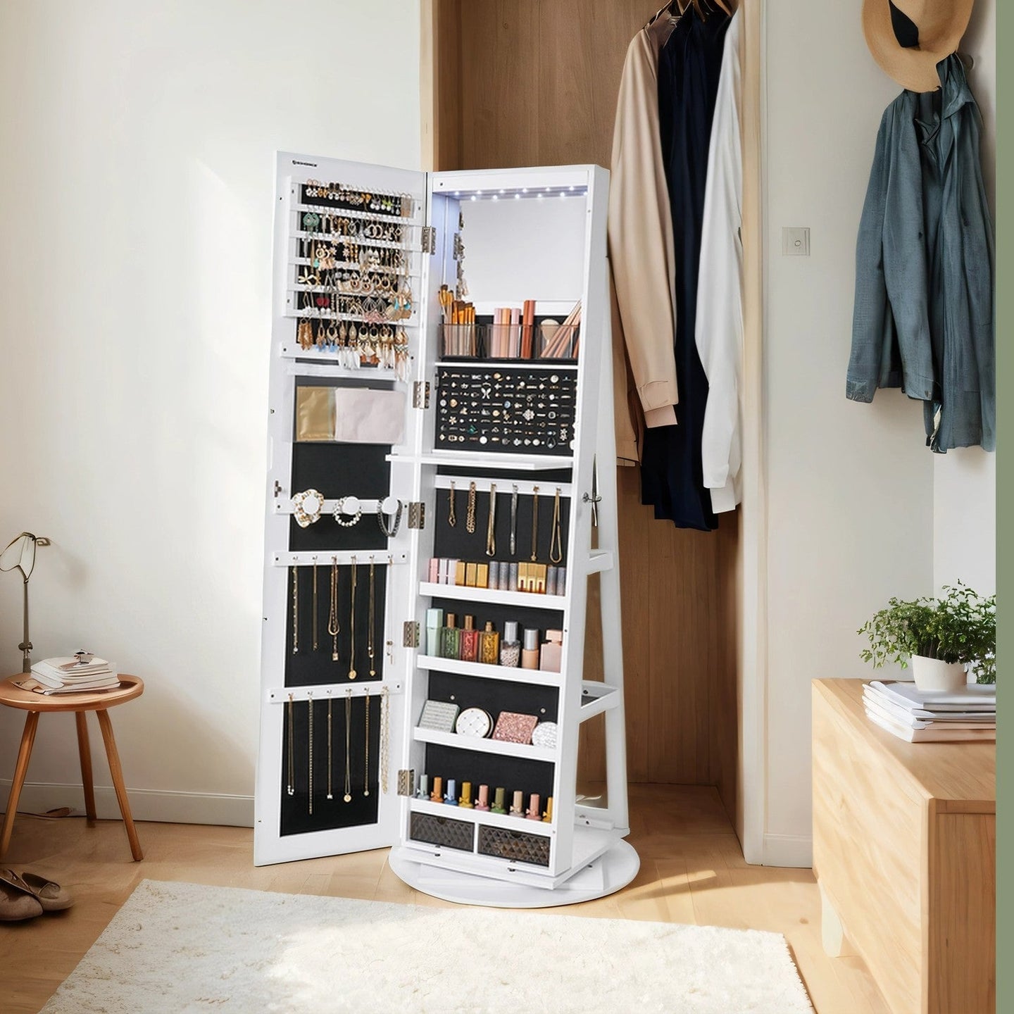 Jewellery Cabinet - Wood - Rustic Brown and Black - 360° Rotating and Lockable with Full-Length Mirror