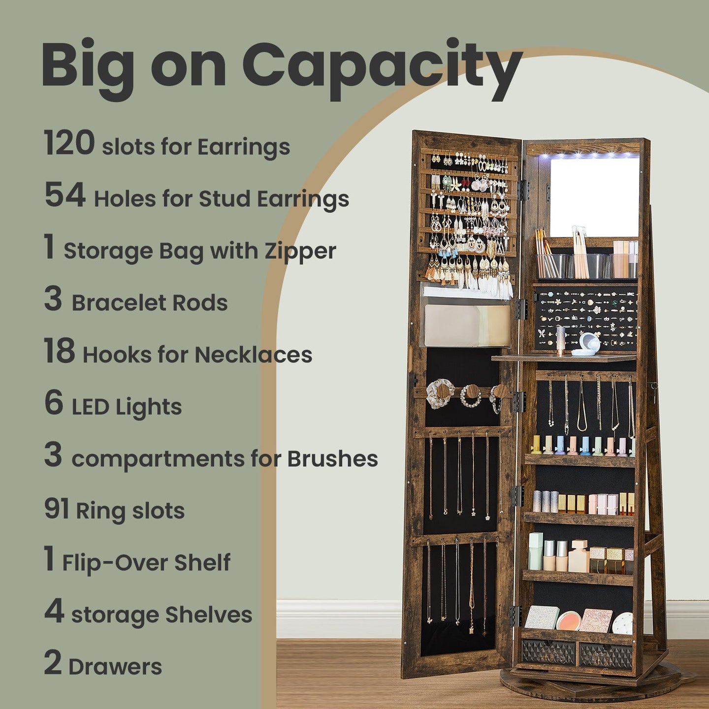 Jewellery Cabinet - Wood - Rustic Brown and Black - 360° Rotating and Lockable with Full-Length Mirror