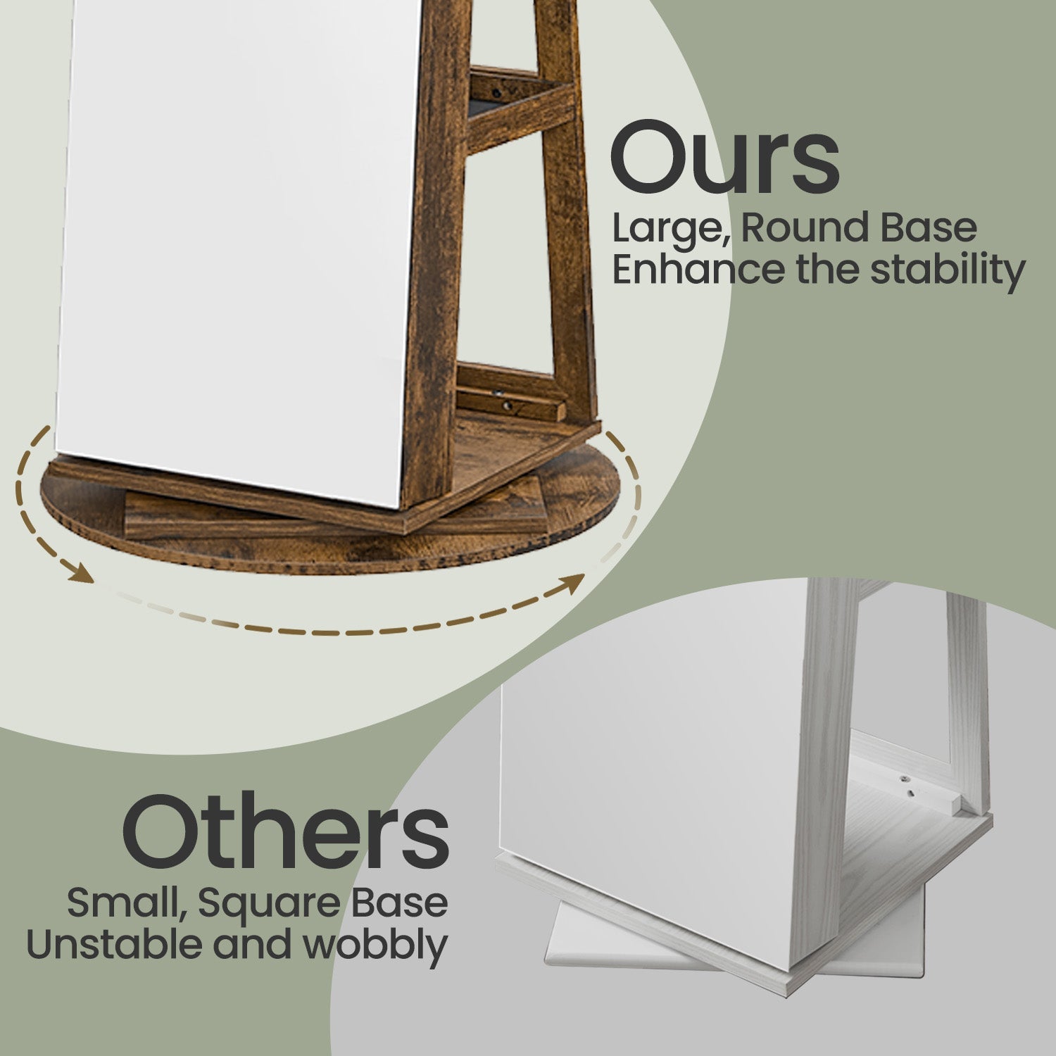 Jewellery Cabinet - Wood - Rustic Brown and Black - 360° Rotating and Lockable with Full-Length Mirror