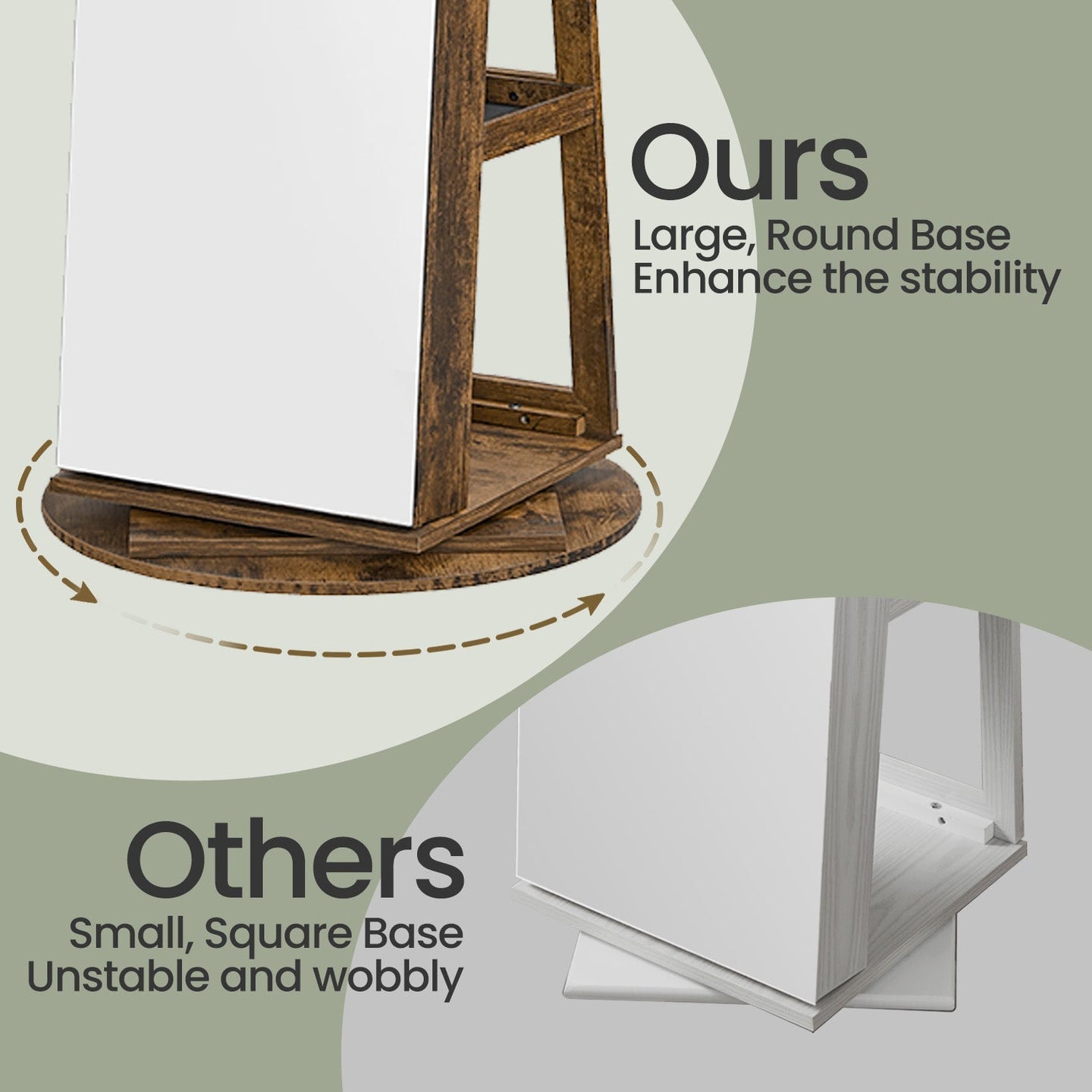 Jewellery Cabinet - Wood - Rustic Brown and Black - 360° Rotating and Lockable with Full-Length Mirror