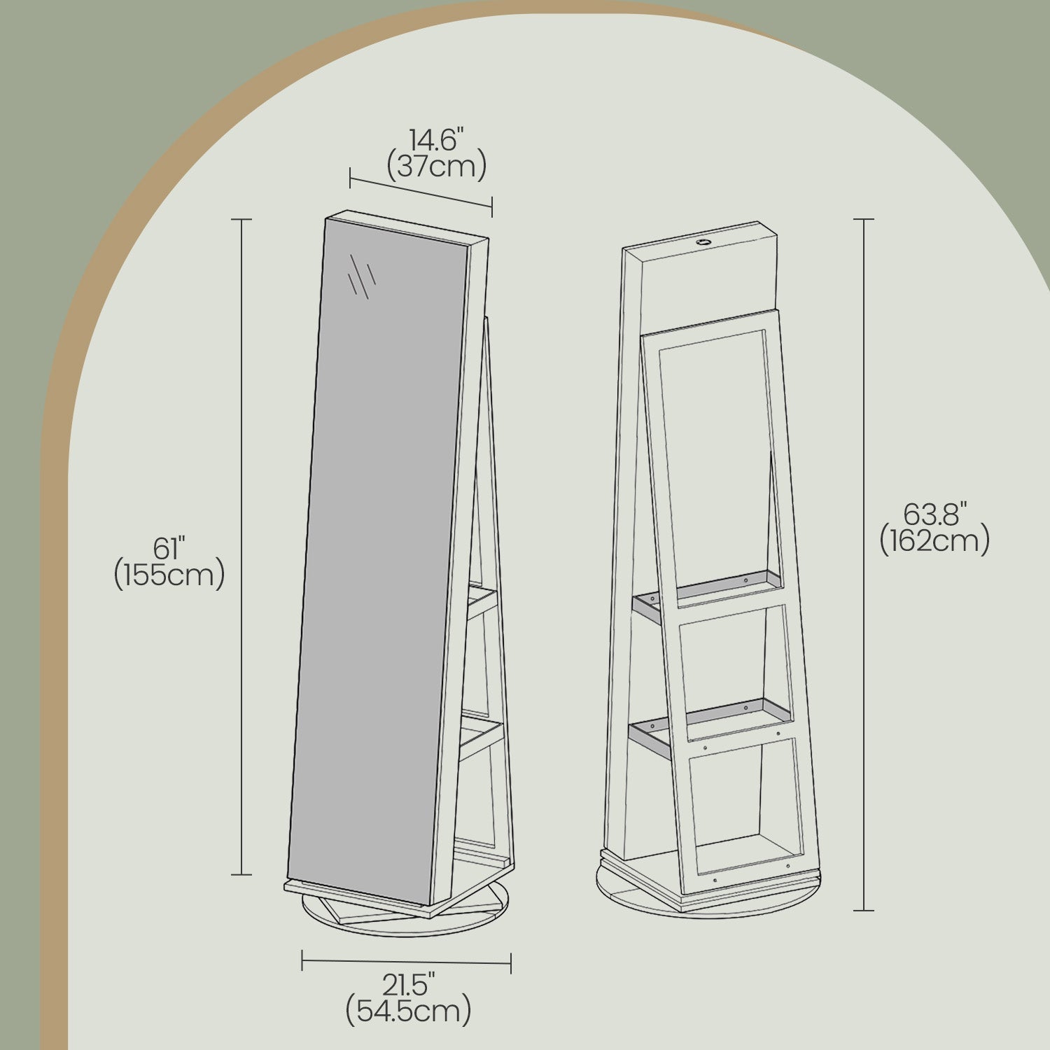 Jewellery Cabinet - Wood - Rustic Brown and Black - 360° Rotating and Lockable with Full-Length Mirror