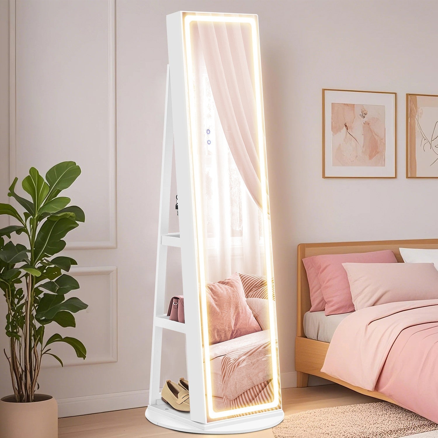 Jewellery Cabinet - Wood - Cloud White - Lockable with LED Lights and Full-Length Mirror