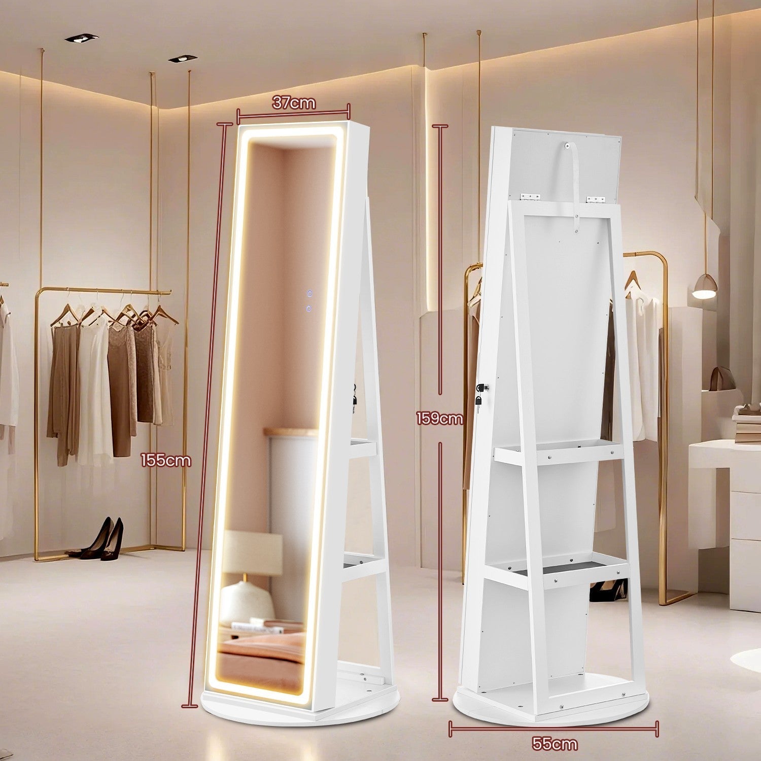 Jewellery Cabinet - Wood - Cloud White - Lockable with LED Lights and Full-Length Mirror