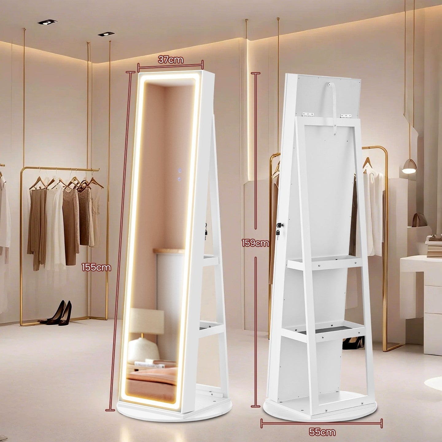 Jewellery Cabinet - Wood - Cloud White - Lockable with LED Lights and Full-Length Mirror