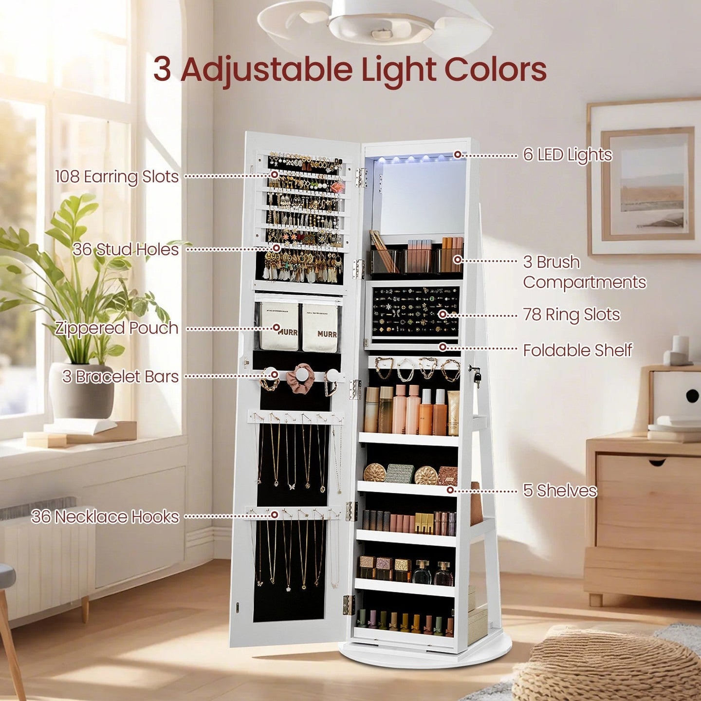 Jewellery Cabinet - Wood - Cloud White - Lockable with LED Lights and Full-Length Mirror