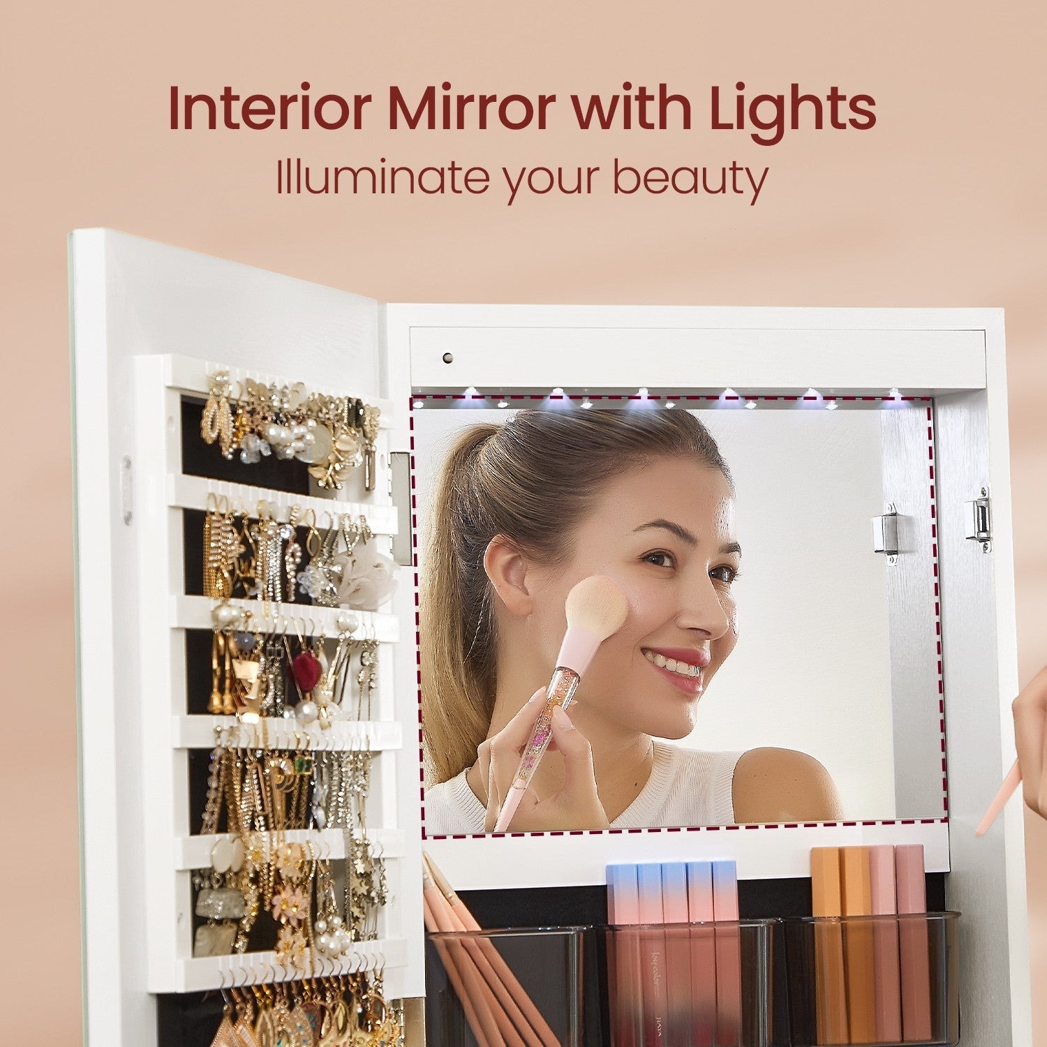 Jewellery Cabinet - Wood - Cloud White - Lockable with LED Lights and Full-Length Mirror
