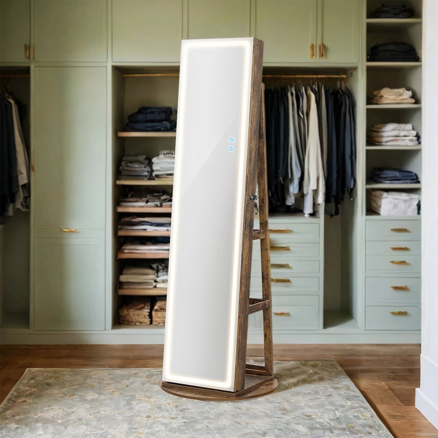Jewellery Cabinet - MDF - Brown - Lockable with Full-Length Mirror and LED Lights