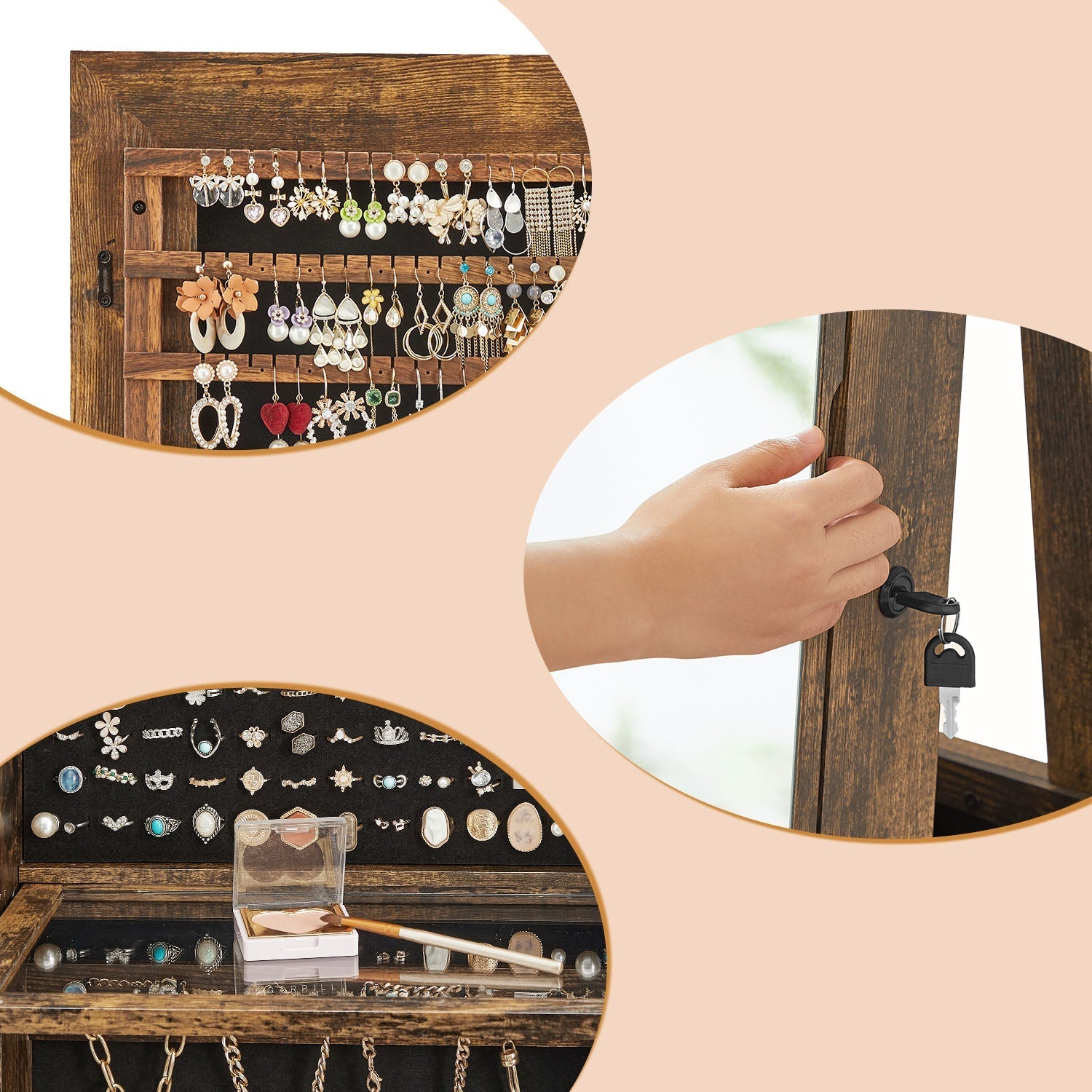 Jewellery Cabinet - MDF - Brown - Lockable with Full-Length Mirror and LED Lights