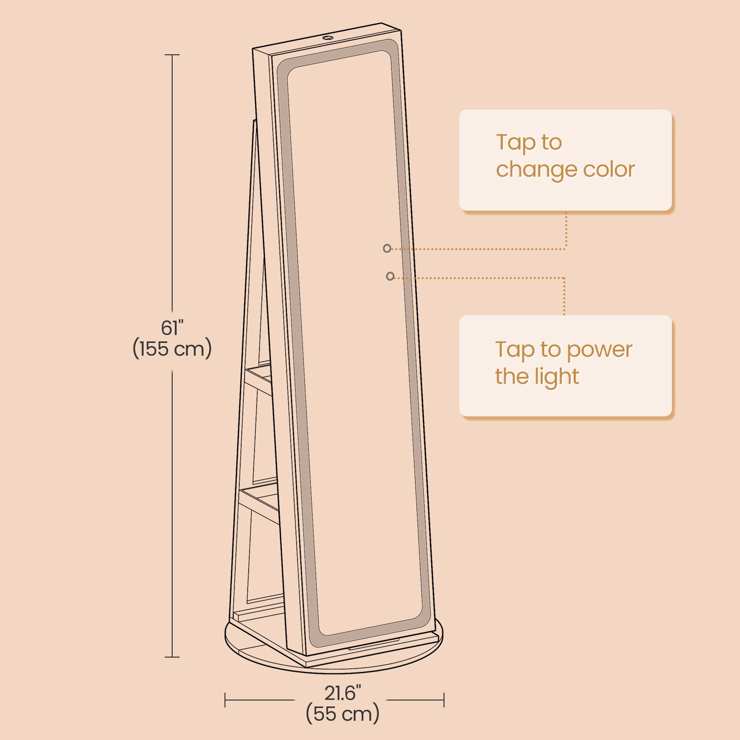 Jewellery Cabinet - MDF - Brown - Lockable with Full-Length Mirror and LED Lights