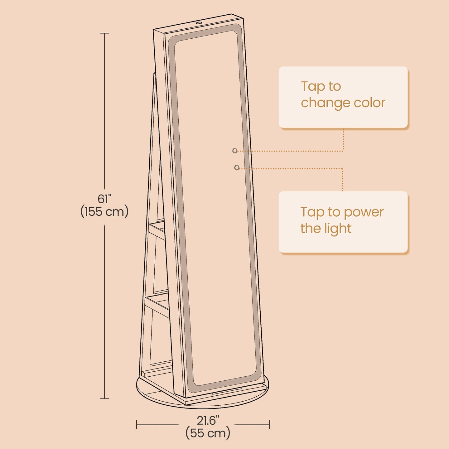 Jewellery Cabinet - MDF - Brown - Lockable with Full-Length Mirror and LED Lights
