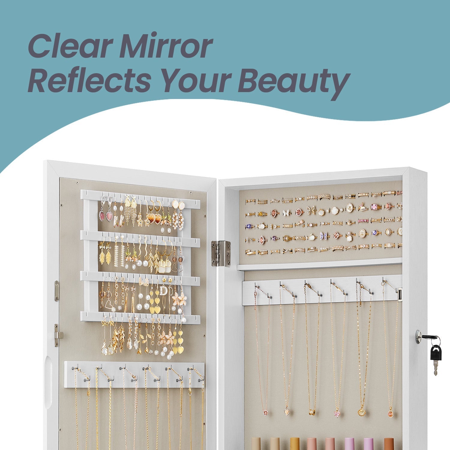 Lockable Jewellery Cabinet - Wood - White