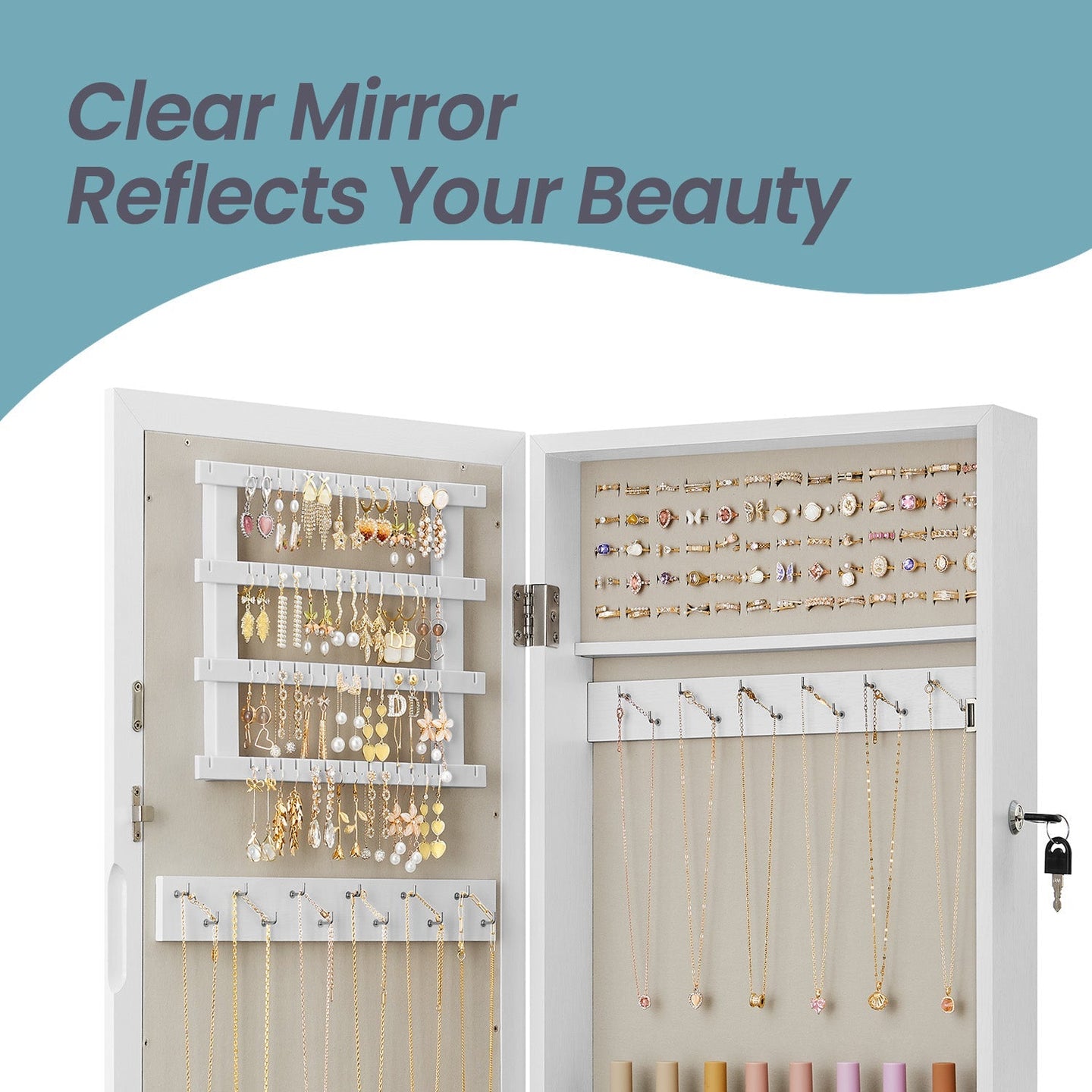 Lockable Jewellery Cabinet - Wood - White