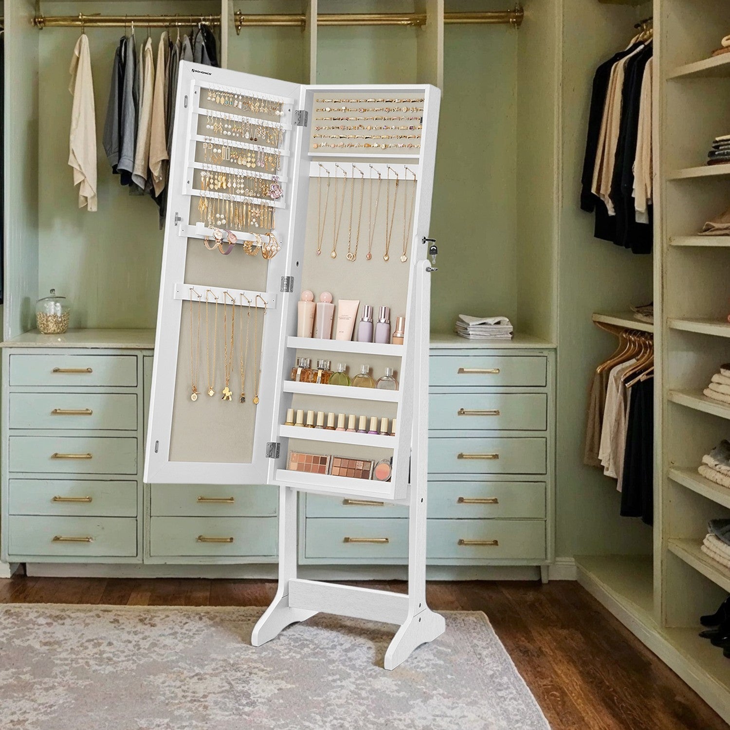 Jewellery Cabinet Armoire - MDF - Brown - Lockable with Full-Length Mirror