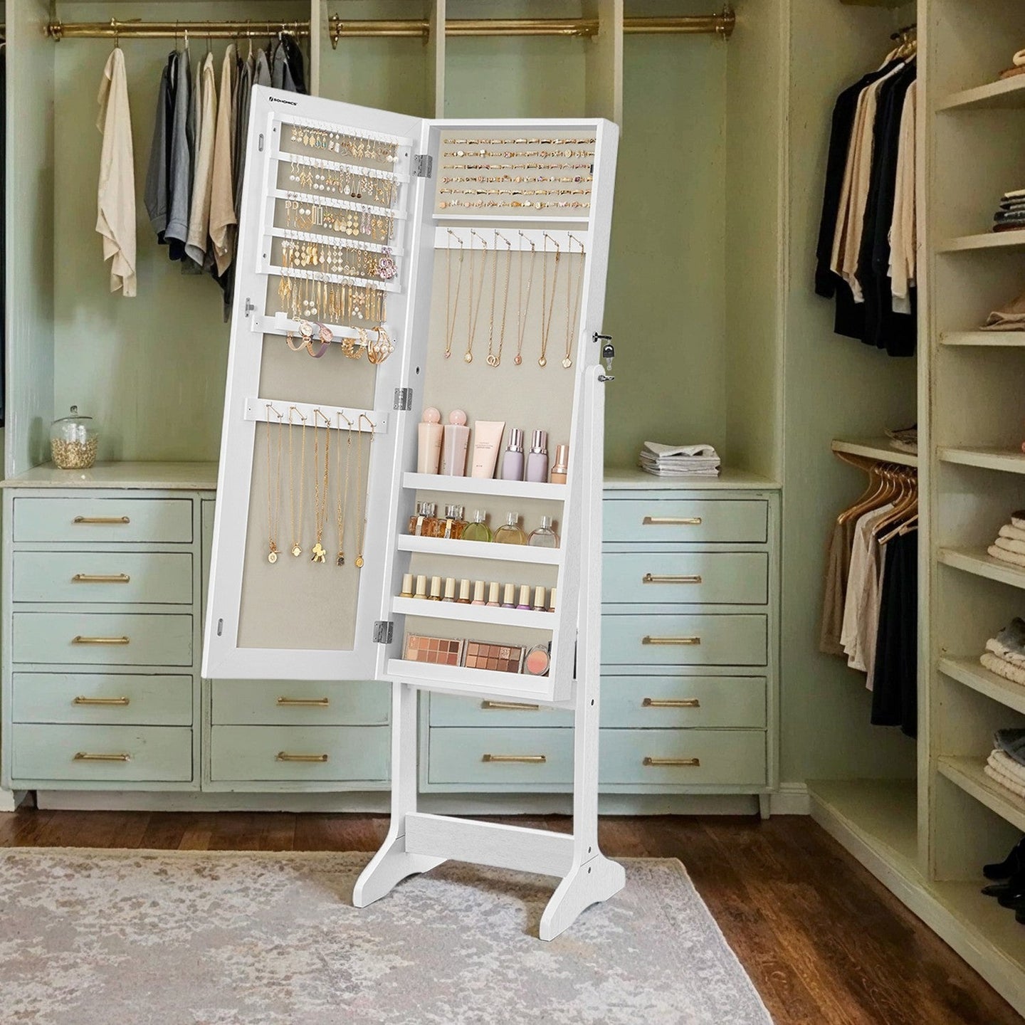 Jewellery Cabinet Armoire - MDF - Brown - Lockable with Full-Length Mirror