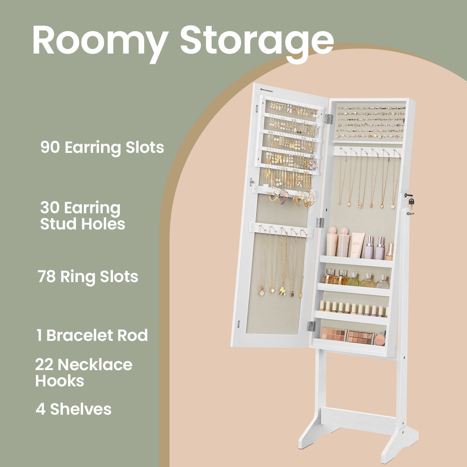 Jewellery Cabinet Armoire - MDF - Brown - Lockable with Full-Length Mirror