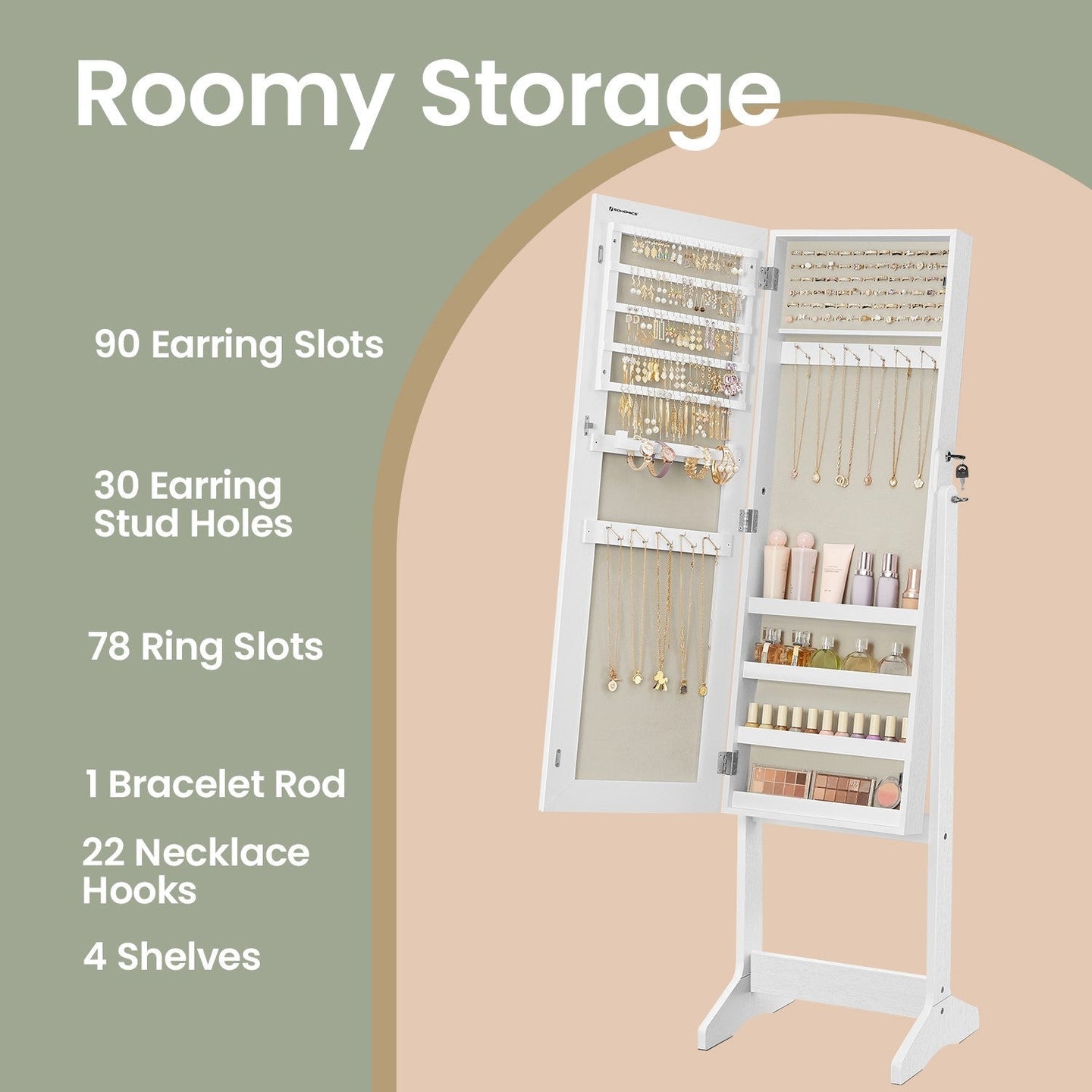 Jewellery Cabinet Armoire - MDF - Brown - Lockable with Full-Length Mirror