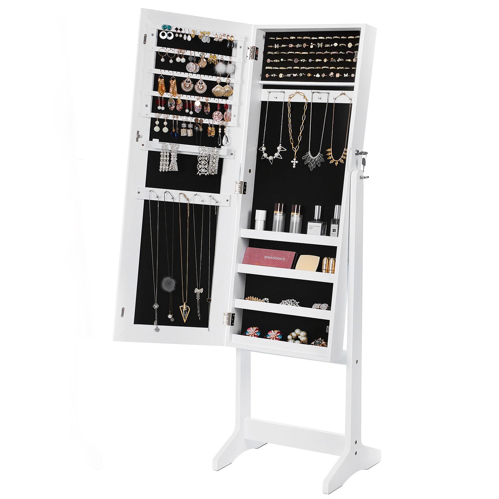 Jewellery Storage Cabinet - Wood - Black and White - Lockable with Full-Length Mirror