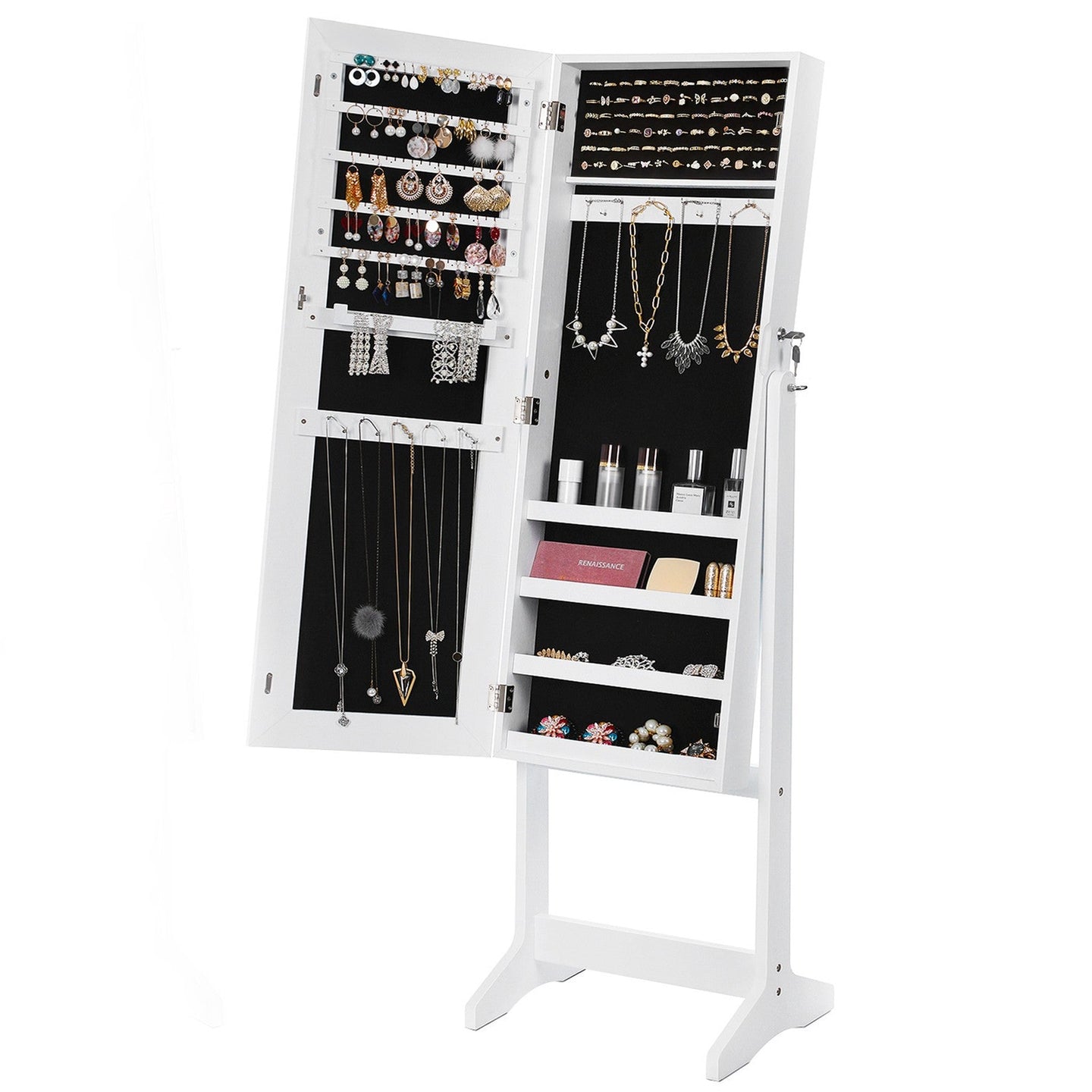 Jewellery Storage Cabinet - Wood - Black and White - Lockable with Full-Length Mirror