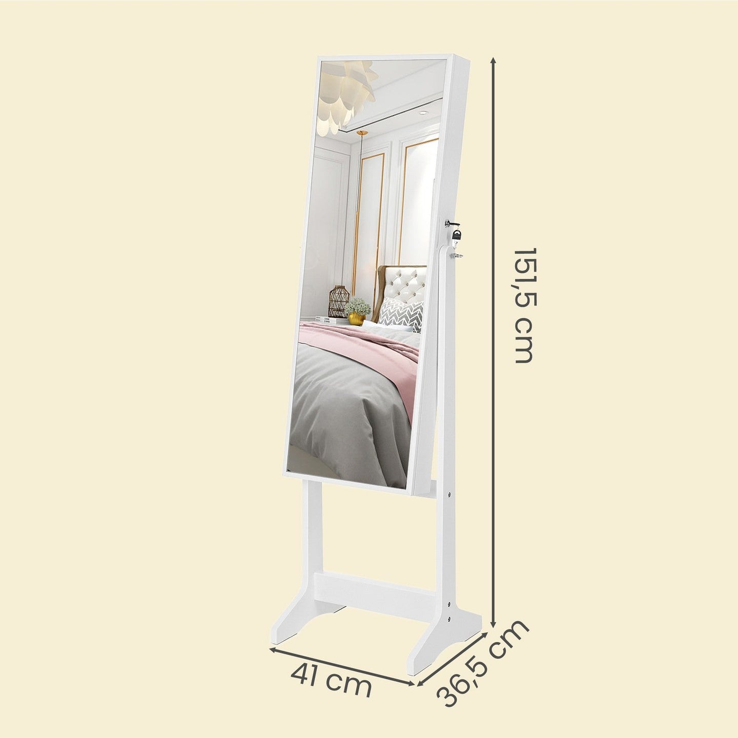 Jewellery Storage Cabinet - Wood - Black and White - Lockable with Full-Length Mirror