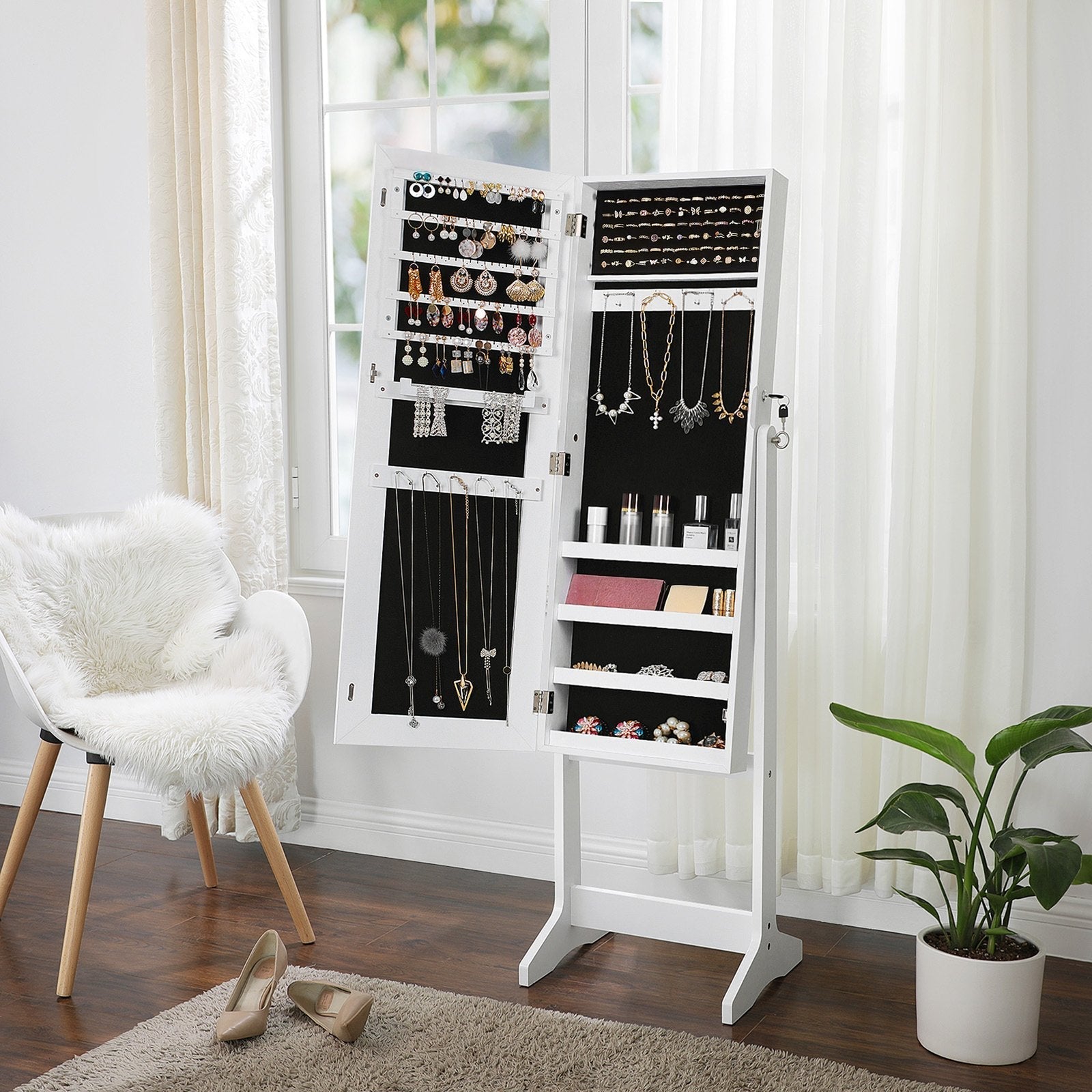 Jewellery Storage Cabinet - Wood - Black and White - Lockable with Full-Length Mirror