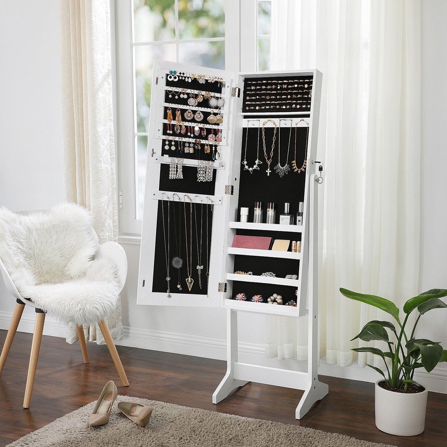 Jewellery Storage Cabinet - Wood - Black and White - Lockable with Full-Length Mirror